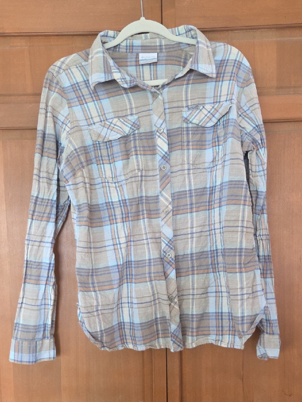 Columbia Beige and Blue Plaid Button-Up Shirt